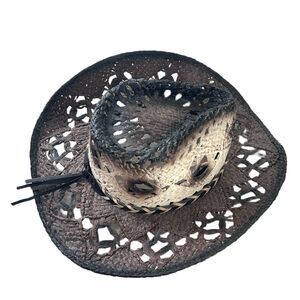 Woven Cowboy Cowgirl Hat S/M Brown White Leather Band Concho Unisex